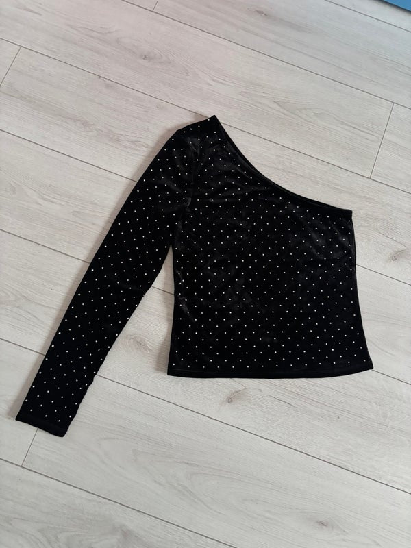 Mango One Long Sleeve Black Velvet Rhinestones Blouse Size M