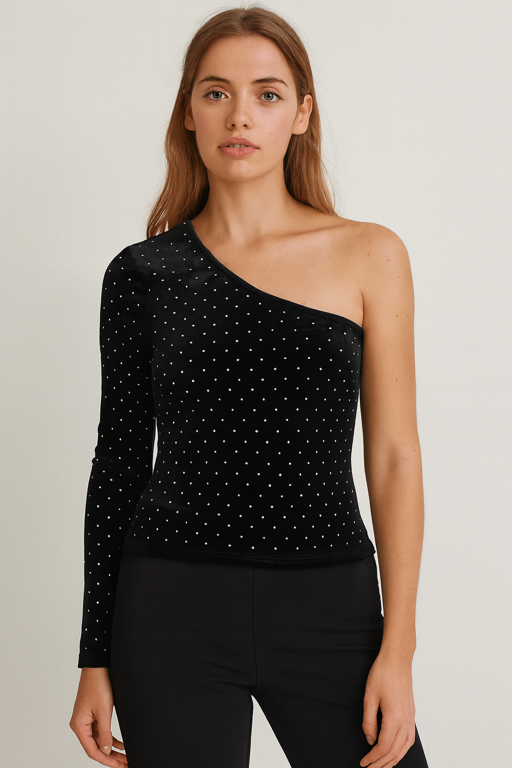 Mango One Long Sleeve Black Velvet Rhinestones Blouse Size M