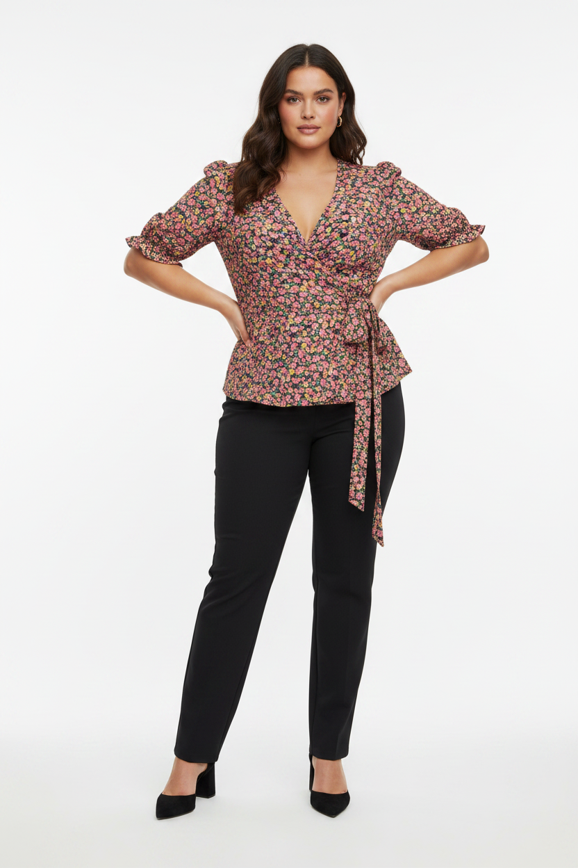 Vero Moda Curve Short Sleeve Floral Wrap Viscose Top Blouse Size 18