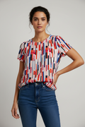 Damart Short Sleeve Multicolour Pattern Front Pleated Blouse Size 12