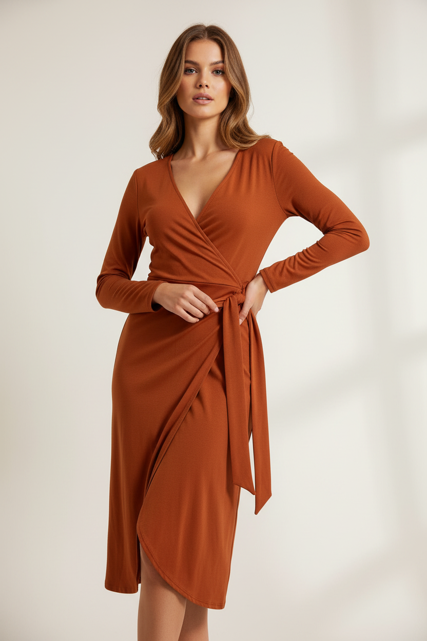 PrettyLittleThing Long Sleeve V-Neck Dress Wrap Midi Dress Size 14