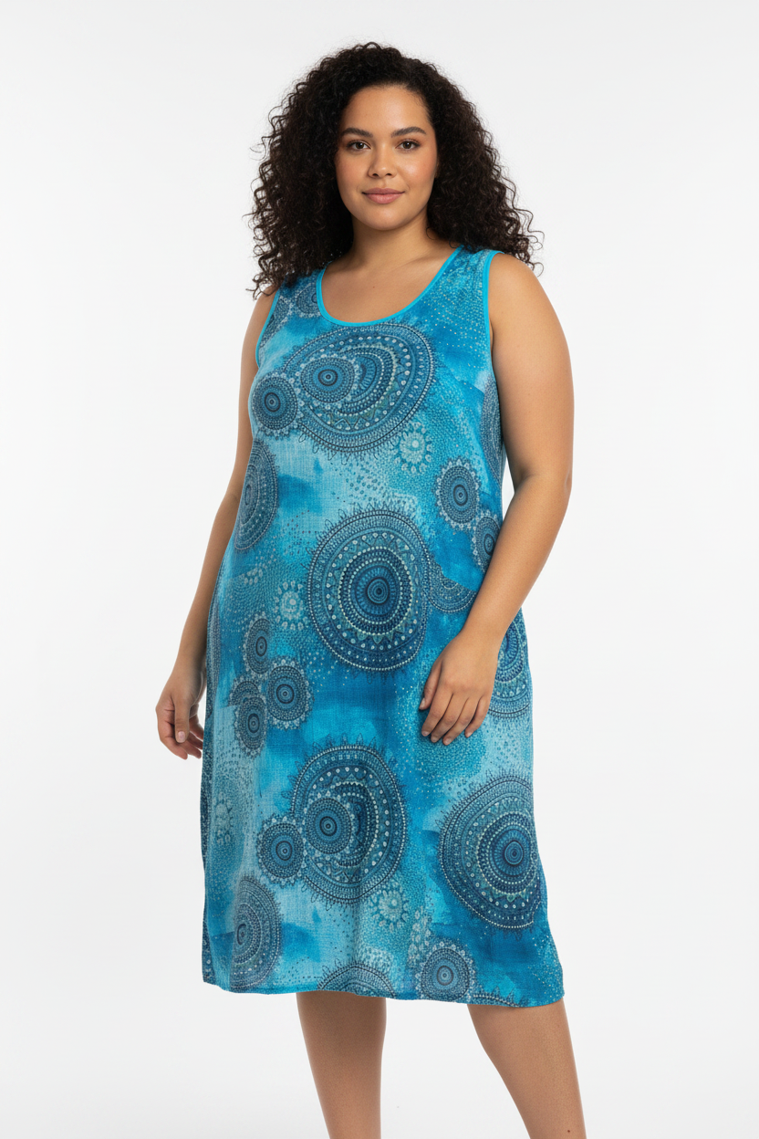 Fashion Sleeveless Blue Patterned Summer Beach Style Dress One Size16/18