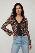 Shein Long Flare Sleeve Button-Up Lace Animal Print Blouse Short Size S