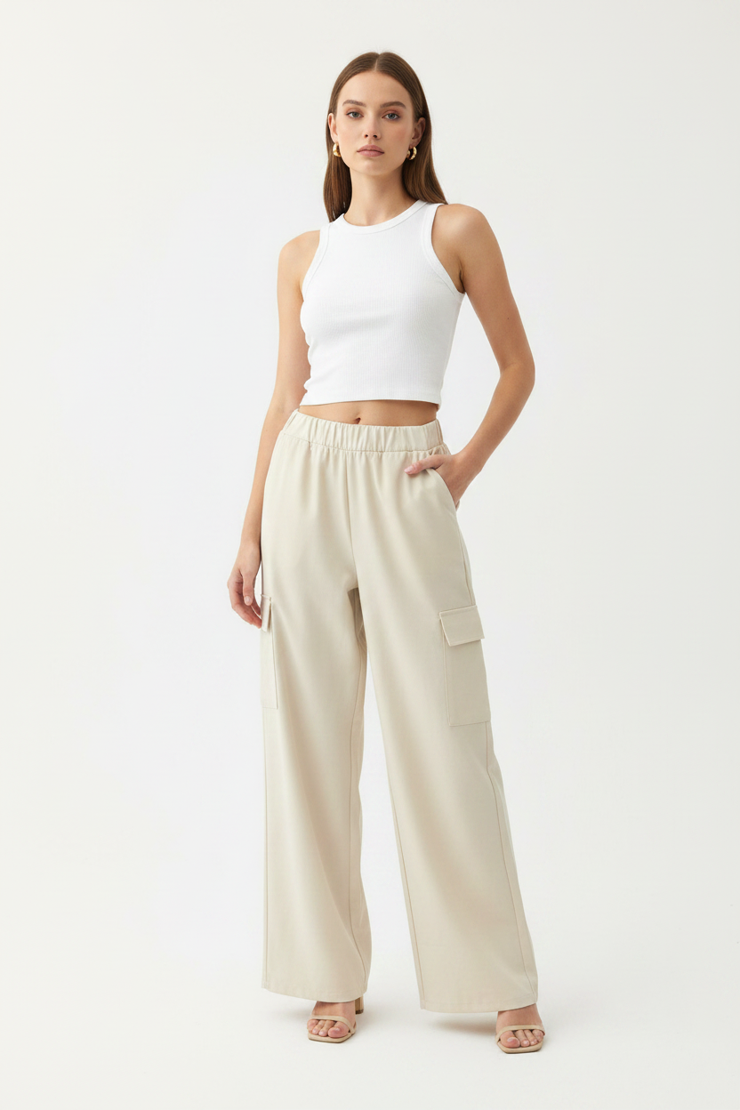 New Collection High Waisted Wide Leg Cargo Style Trousers One Size For 8
