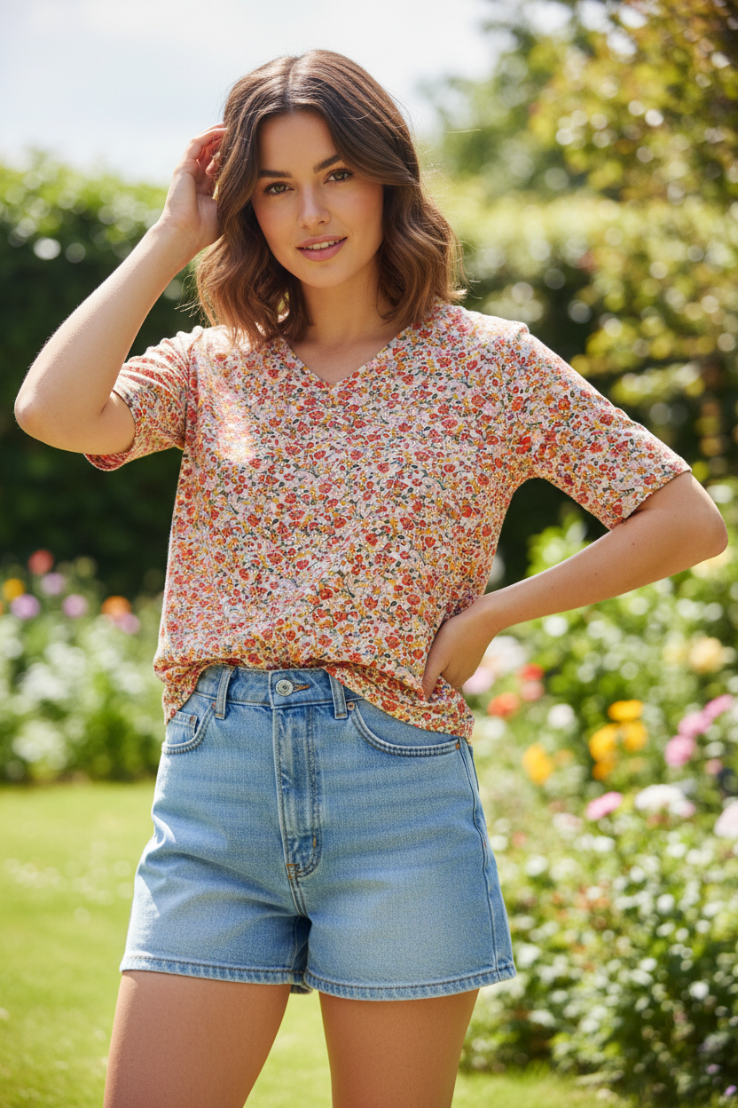 Cotswold Collections Short Sleeve Cotton Floral Top Size M UK 12-14