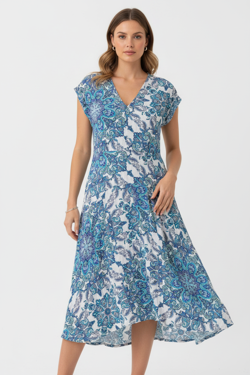 Women's Nutmeg V-Neck Blue Patterned Midi Asymmetric Viscose Dress Size 14