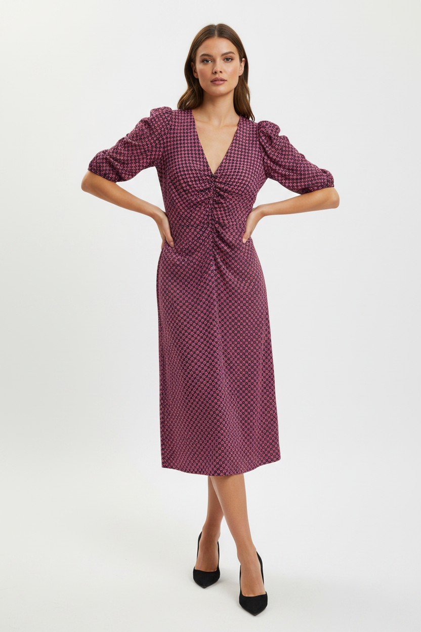 Next Short Ruched Sleeve V-Neck Casual Viscose Dress Size UK 12