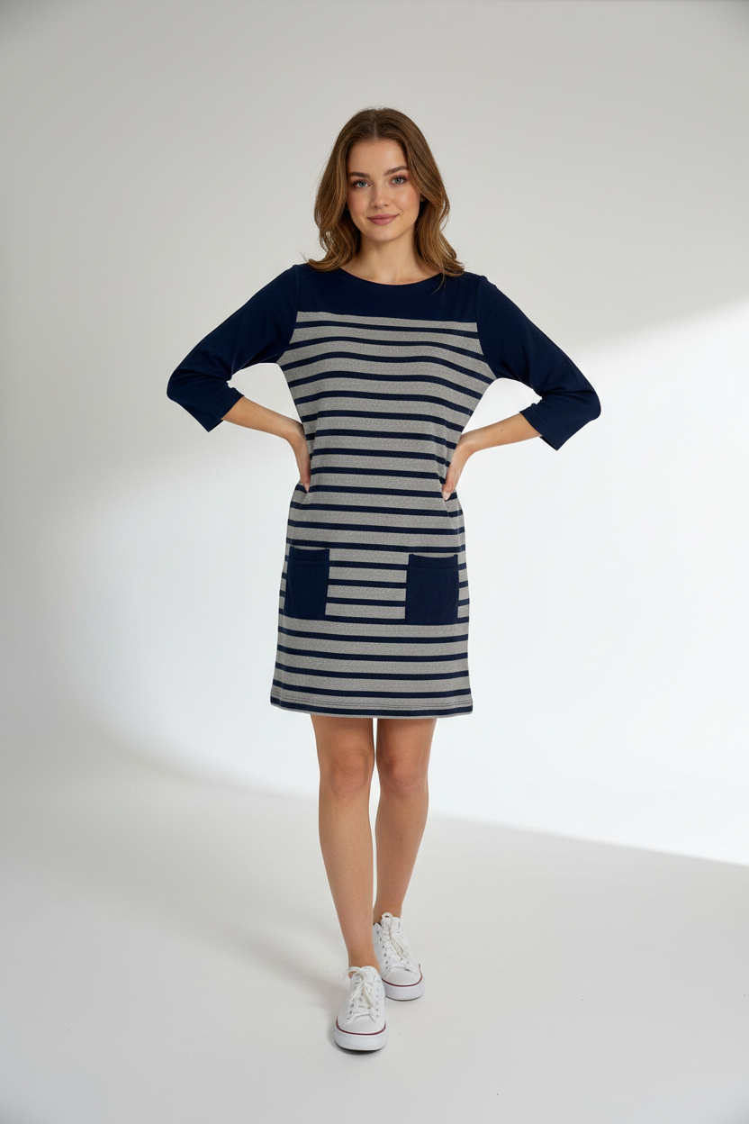 Women's Intuition Collection 3/4 Sleeve Navy Grey Striped Tunic Dress Size 12