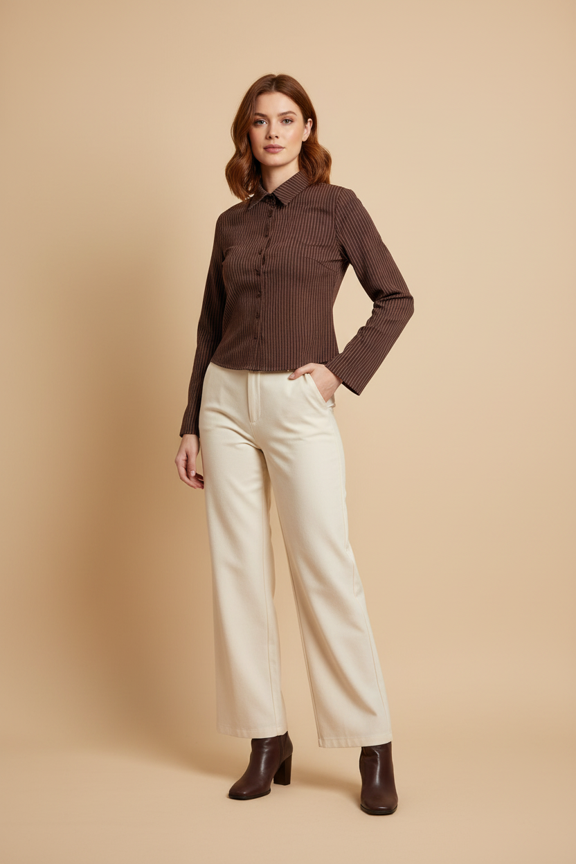 Shein Long Sleeve Collared Brown Striped Button-Up Shirt New Size S