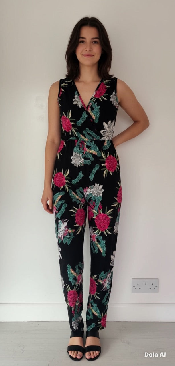 B. You Sleeveless Wrap V-Neck Black Floral Jumpsuit Size 10