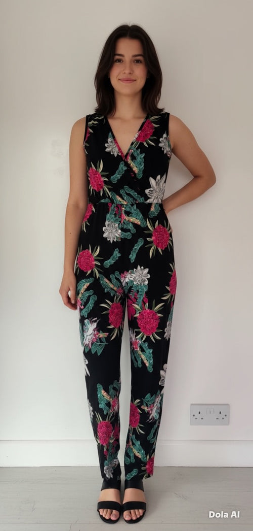 B. You Sleeveless Wrap V-Neck Black Floral Jumpsuit Size 10