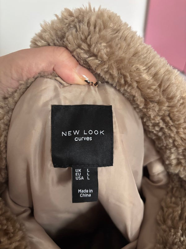New Look Curves Collared Faux Fur Coat Jacket Size UK 26-28