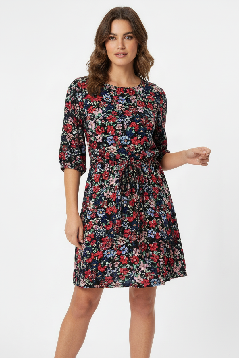 Matalan Papaya Short Sleeve Black Floral Belted Dress Size 16