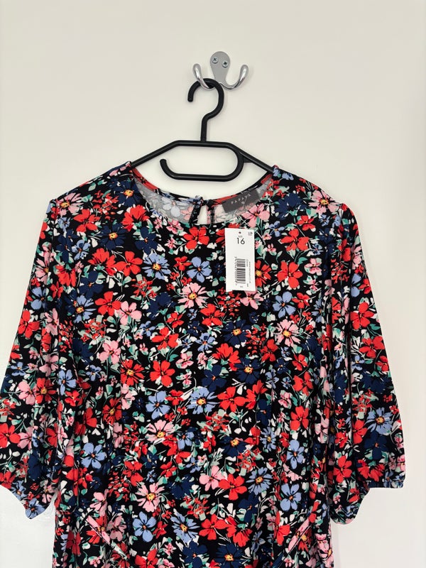 Matalan Papaya Short Sleeve Black Floral Belted Dress Size 16