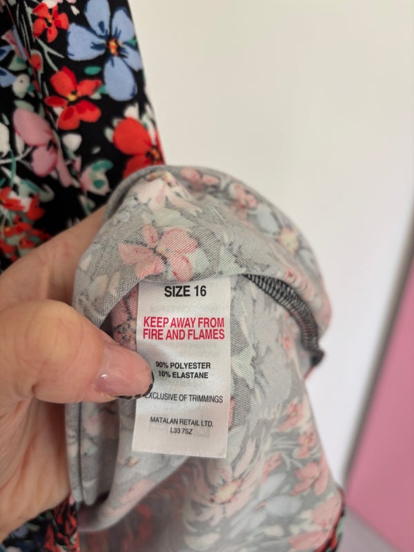 Matalan Papaya Short Sleeve Black Floral Belted Dress Size 16