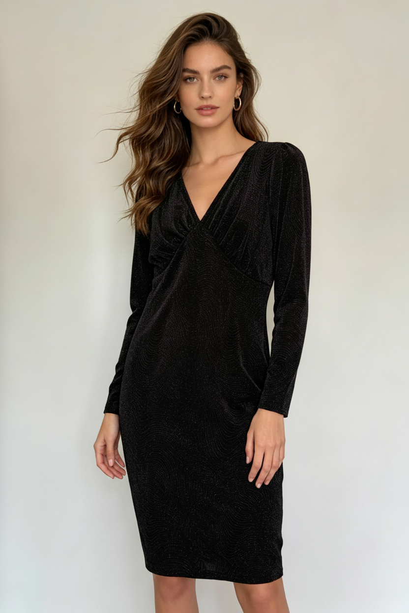 M&Co Petite Long Sleeve V-Neck Black Shinny Sparkly Dress Size 14