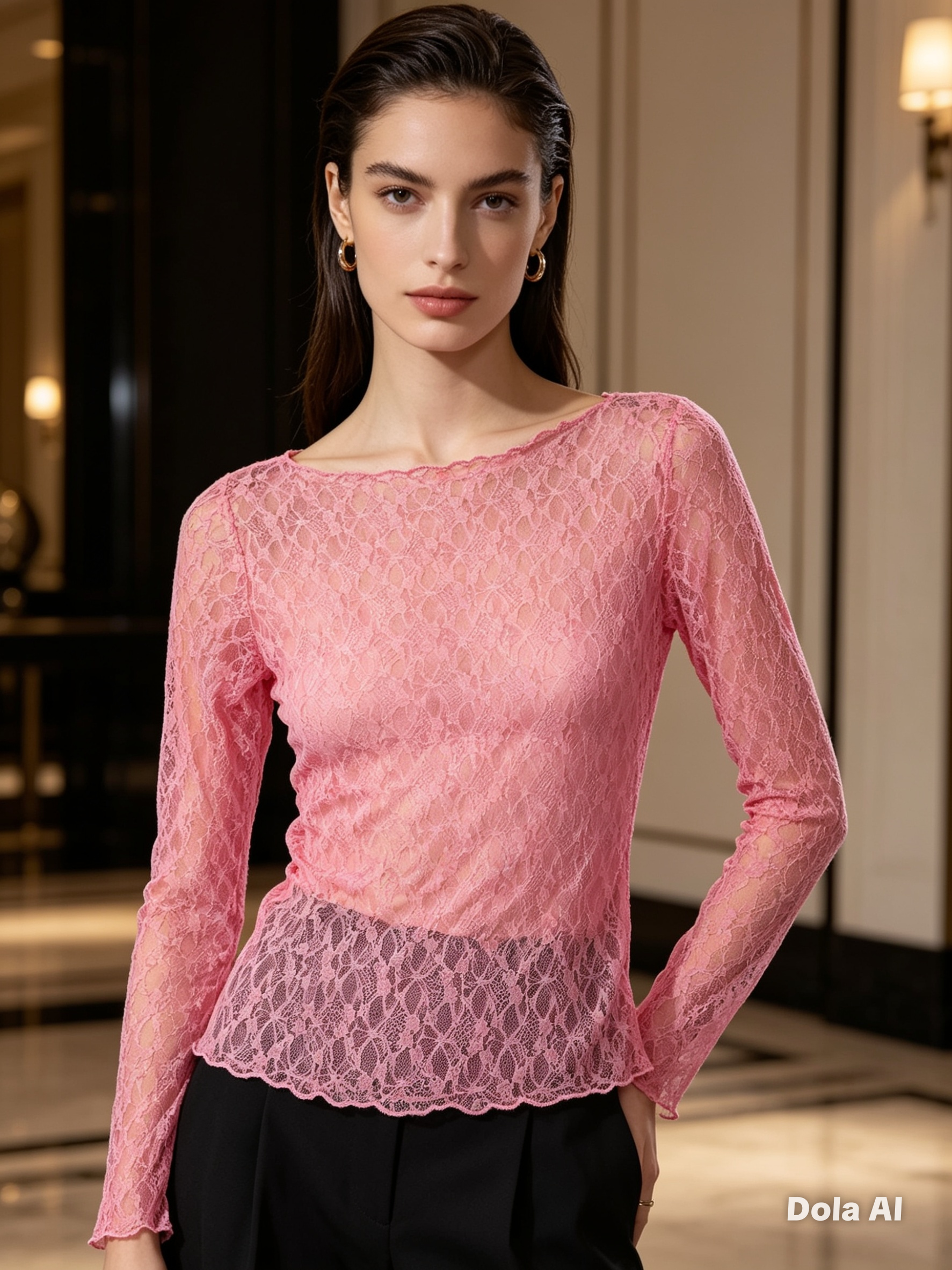 Unknown Brand Long Sleeve Pink Lace Boat Neck Top Blouse New Size S