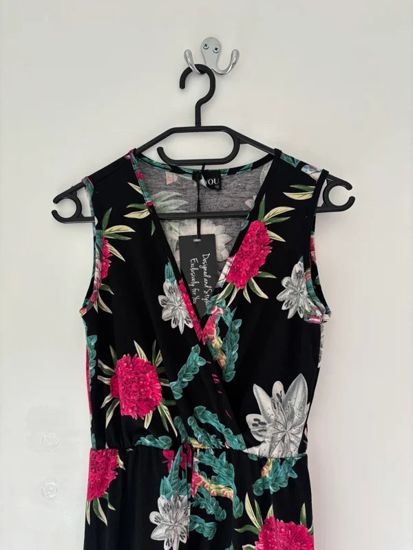 B. You Sleeveless Wrap V-Neck Black Floral Jumpsuit Size 10