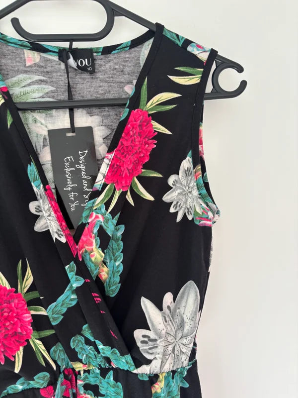 B. You Sleeveless Wrap V-Neck Black Floral Jumpsuit Size 10