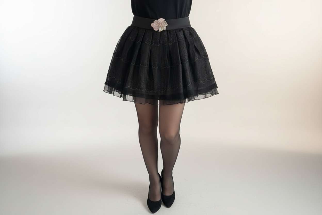 Rise Black Lace Mini Skirt With Buckle Lined Size 12