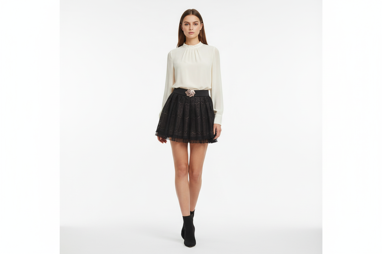 Rise Black Lace Mini Skirt With Buckle Lined Size 12