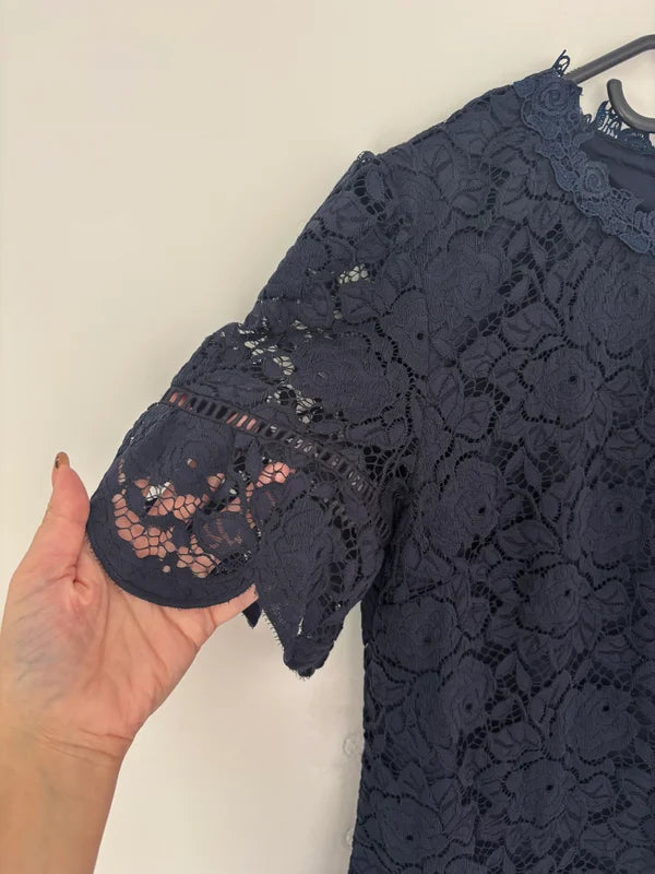 Oasis Short Sleeve Navy Lace Dress Lined Size 10