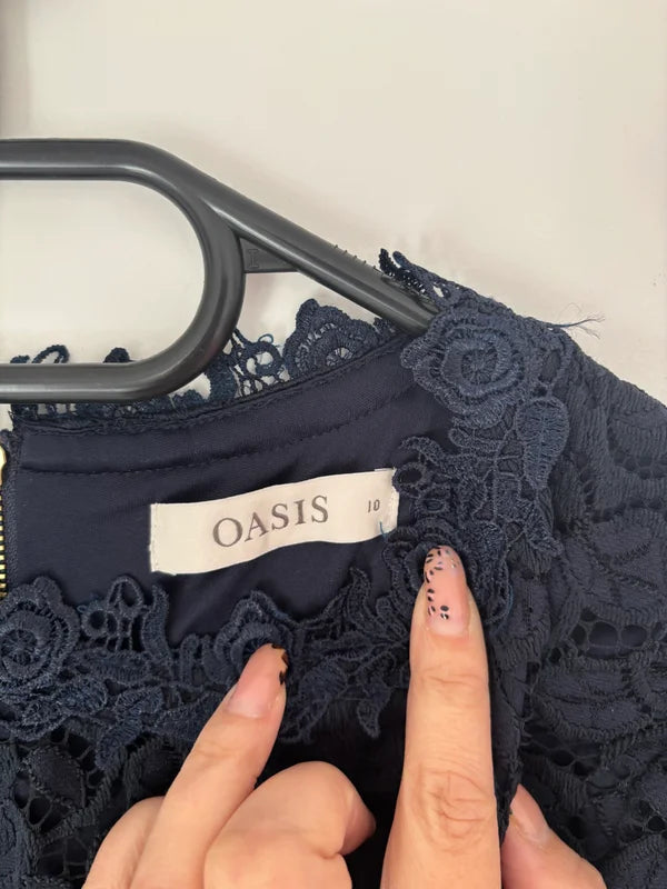 Oasis Short Sleeve Navy Lace Dress Lined Size 10