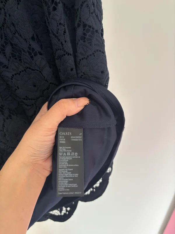 Oasis Short Sleeve Navy Lace Dress Lined Size 10