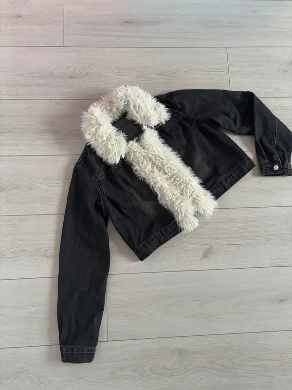 Shein Denim Cropped Faux Fur Collared Jacket Size M