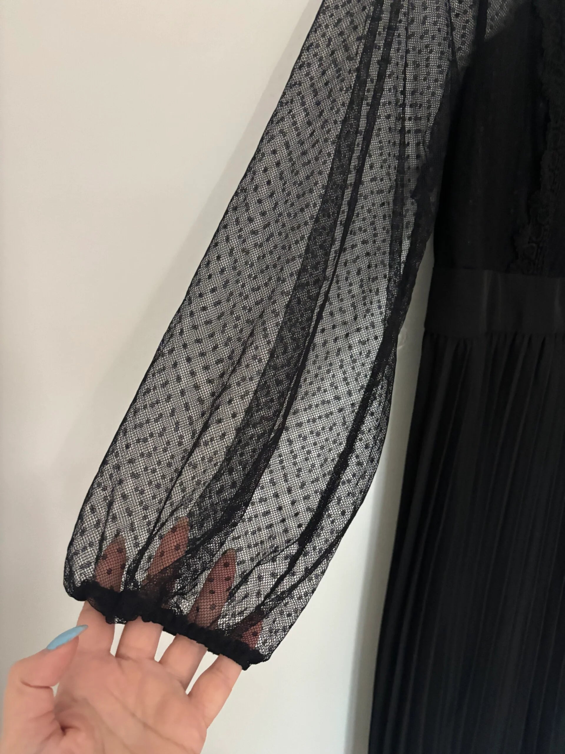 Shein Curve Long See Through Sleeve Pleated Midi Dress Size UK 18