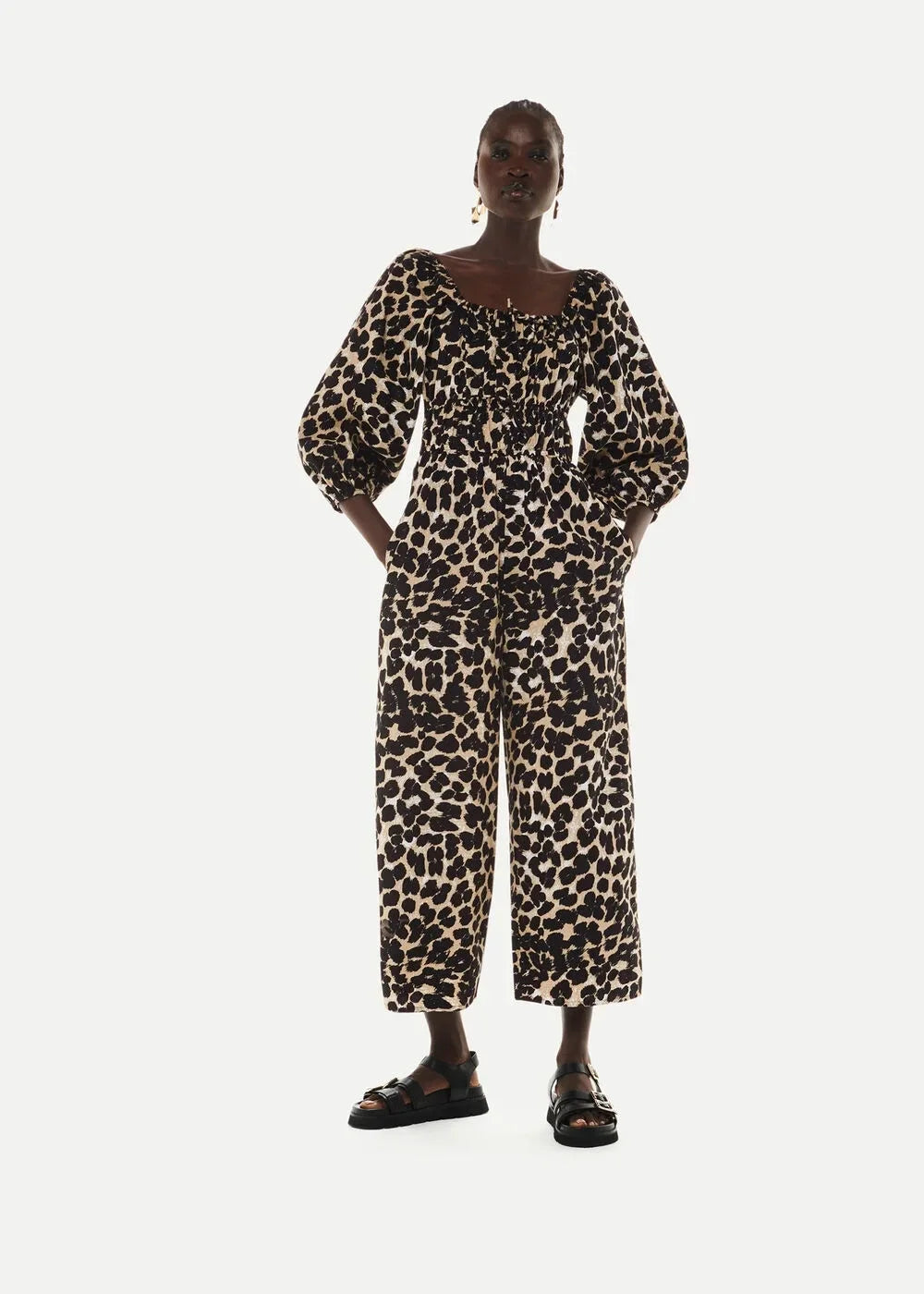 Whistles 3/4 Sleeve Leopard Spot Wide Ankle Leg Jumpsuit Size 12